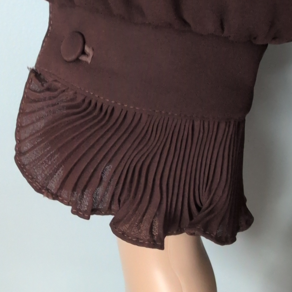Vintage Whimsigoth Chocolate Brown Pleated Ruffled V-Neck Long Sleeve Blouse - Picture 13 of 16